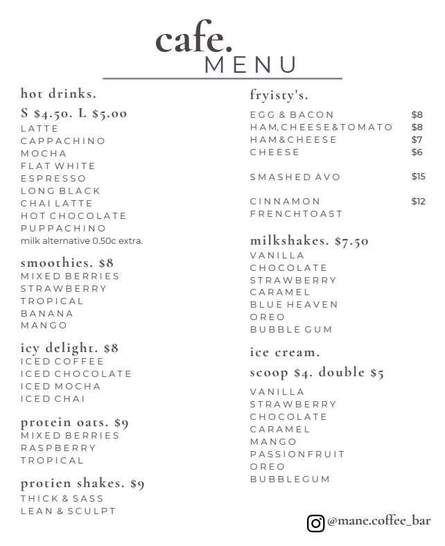 Menu, mane.coffee cafe