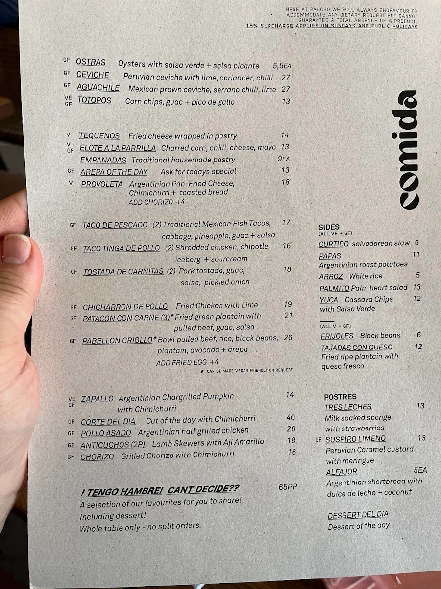 Menu, Pancho