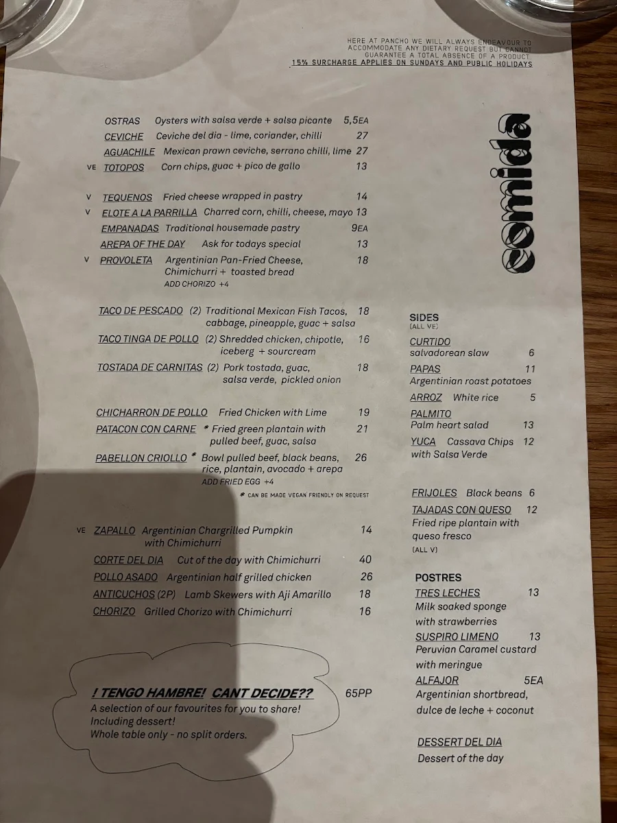 Menu, Pancho