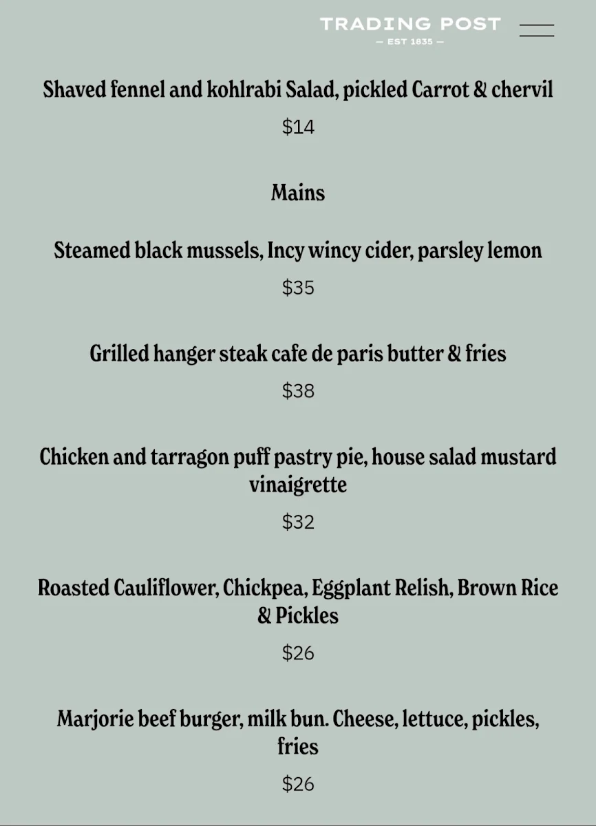 Menu, Trading Post Laguna