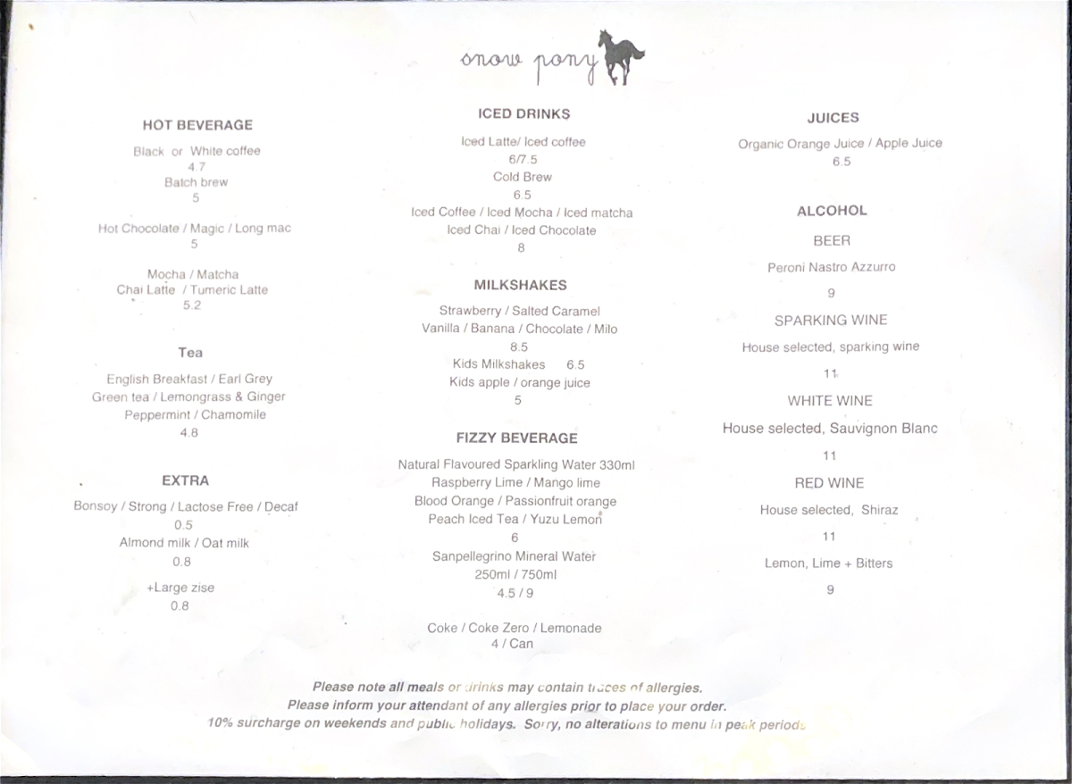 Menu, Snow Pony Cafe