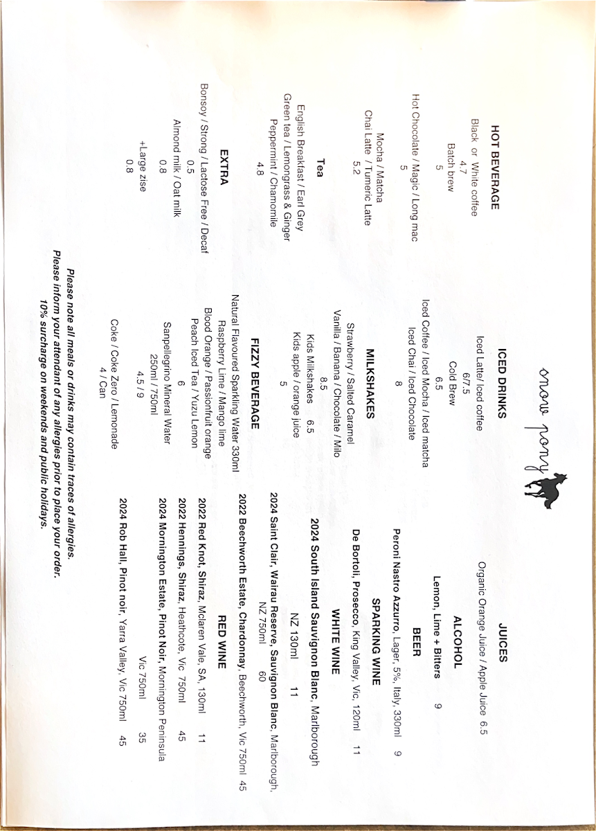 Menu, Snow Pony Cafe