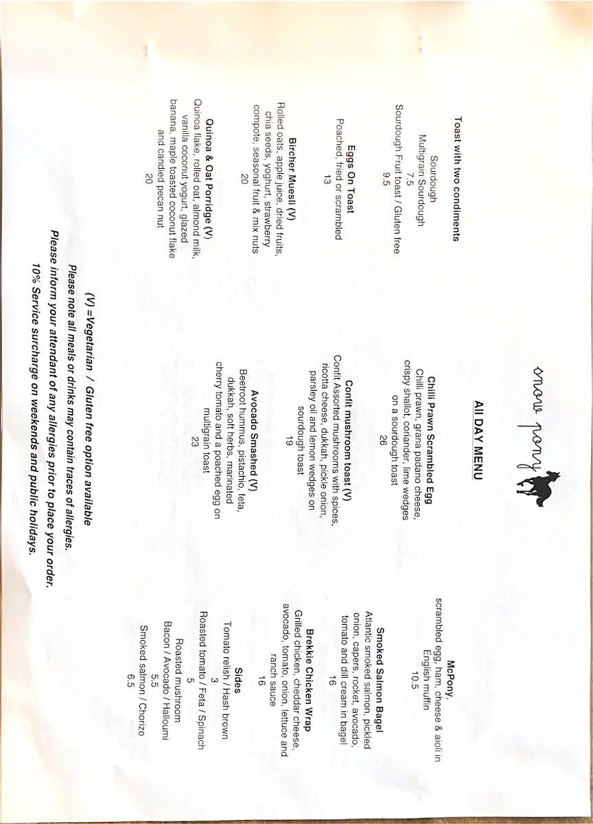 Menu, Snow Pony Cafe
