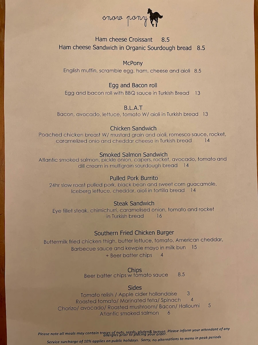 Menu, Snow Pony Cafe