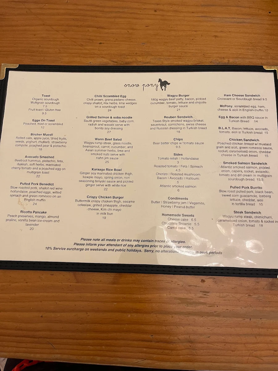Menu, Snow Pony Cafe
