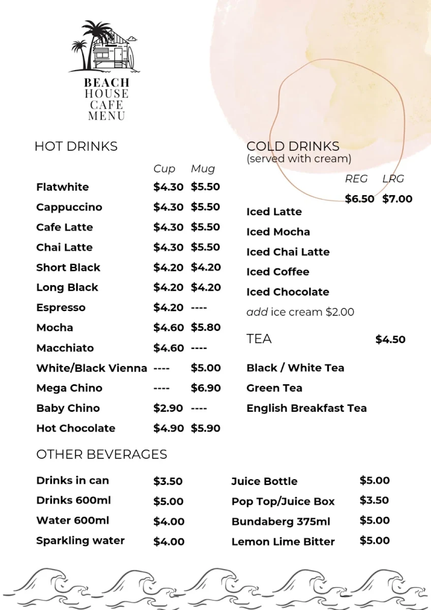 Menu, The Beach House Café