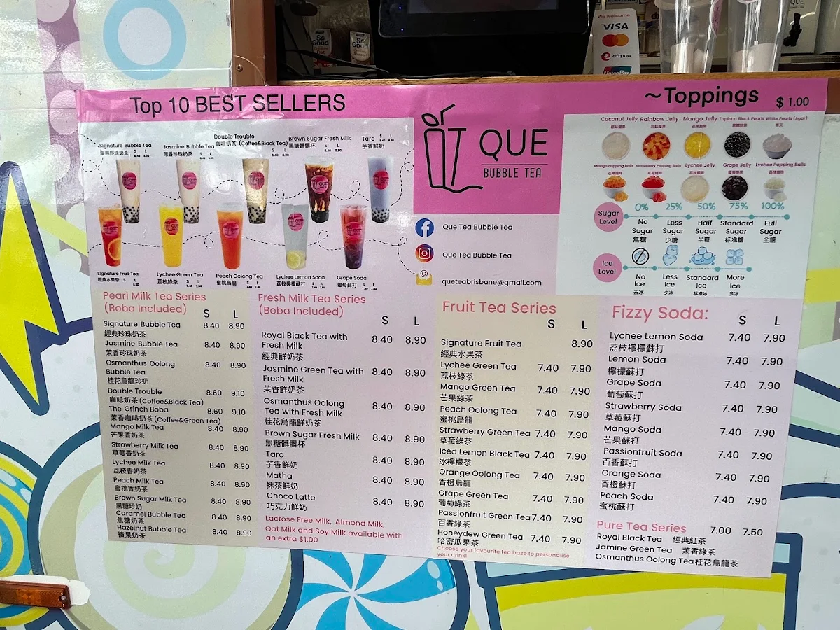 Menu, Que Tea Bubble Tea