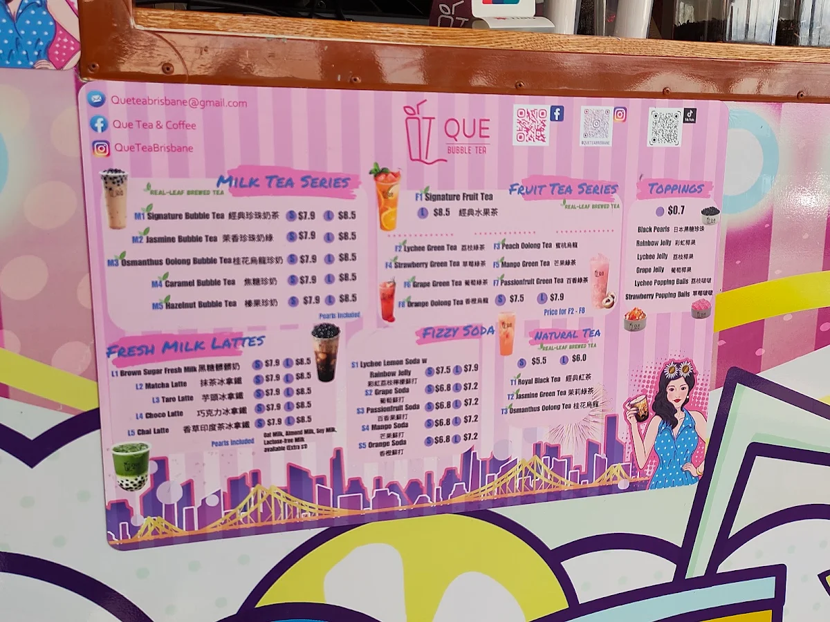 Menu, Que Tea Bubble Tea