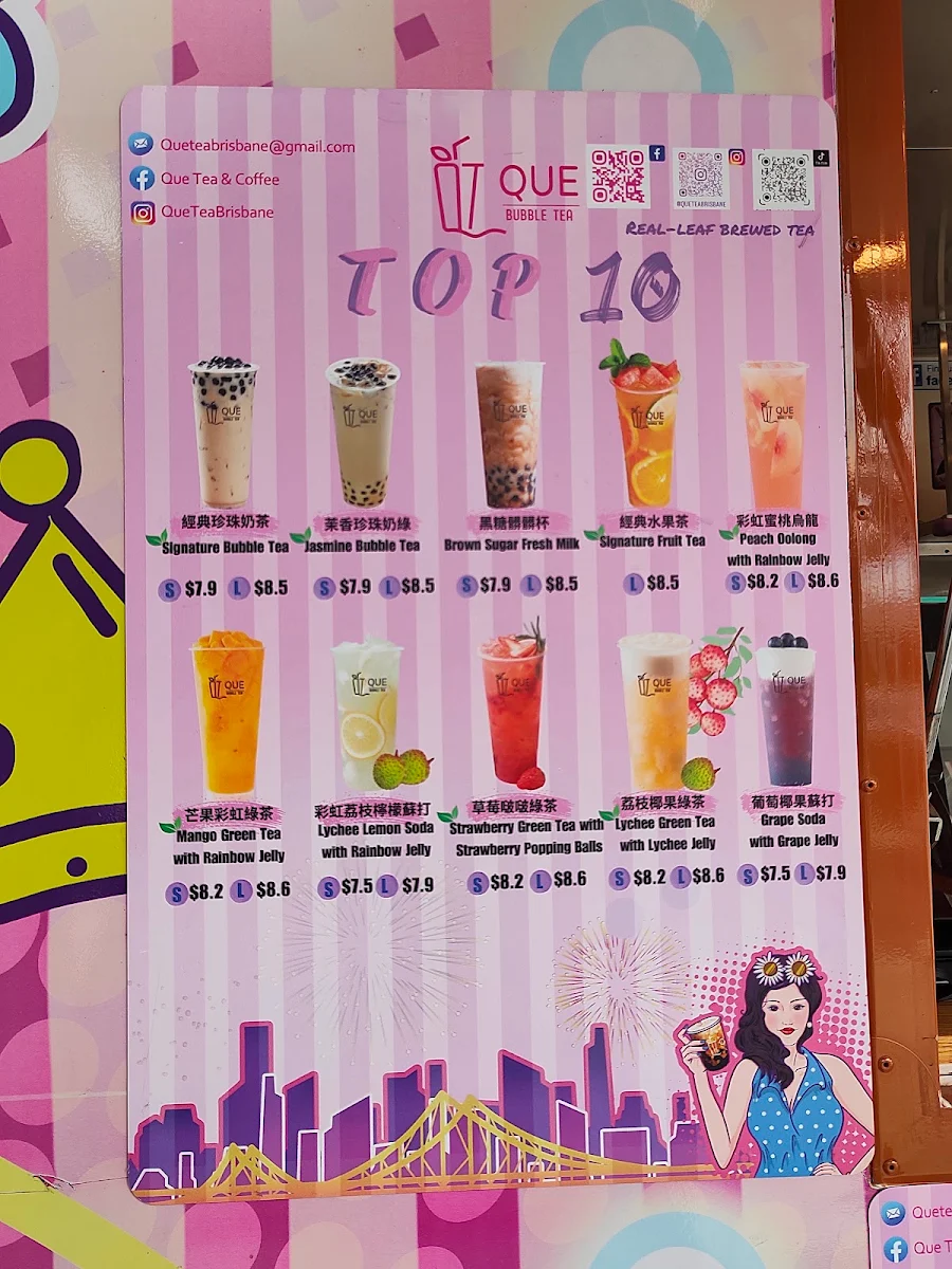 Menu, Que Tea Bubble Tea