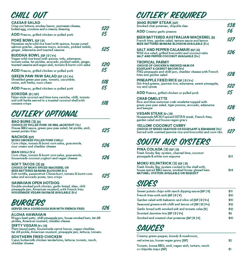 Menu, Moku Bar + Grill