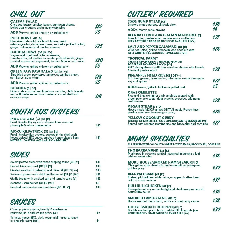 Menu, Moku Bar + Grill