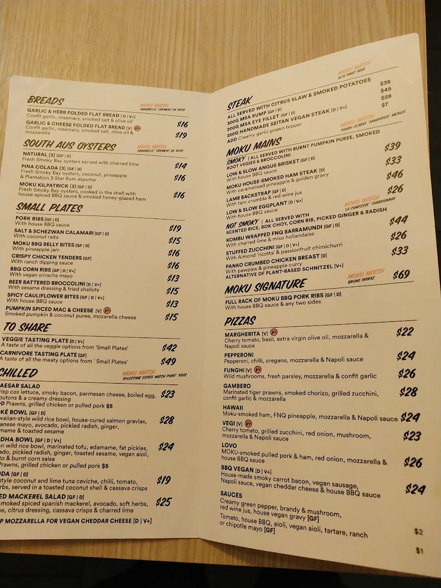Menu, Moku Bar + Grill
