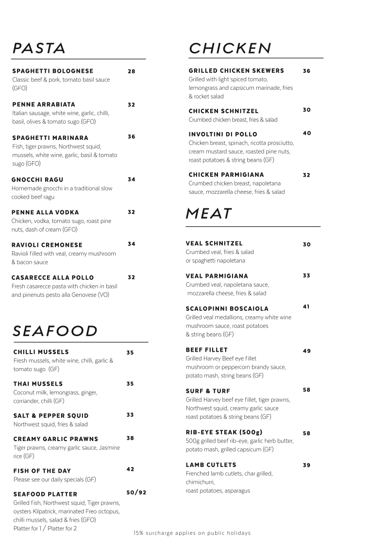 Menu, Benny's Bar & Cafe