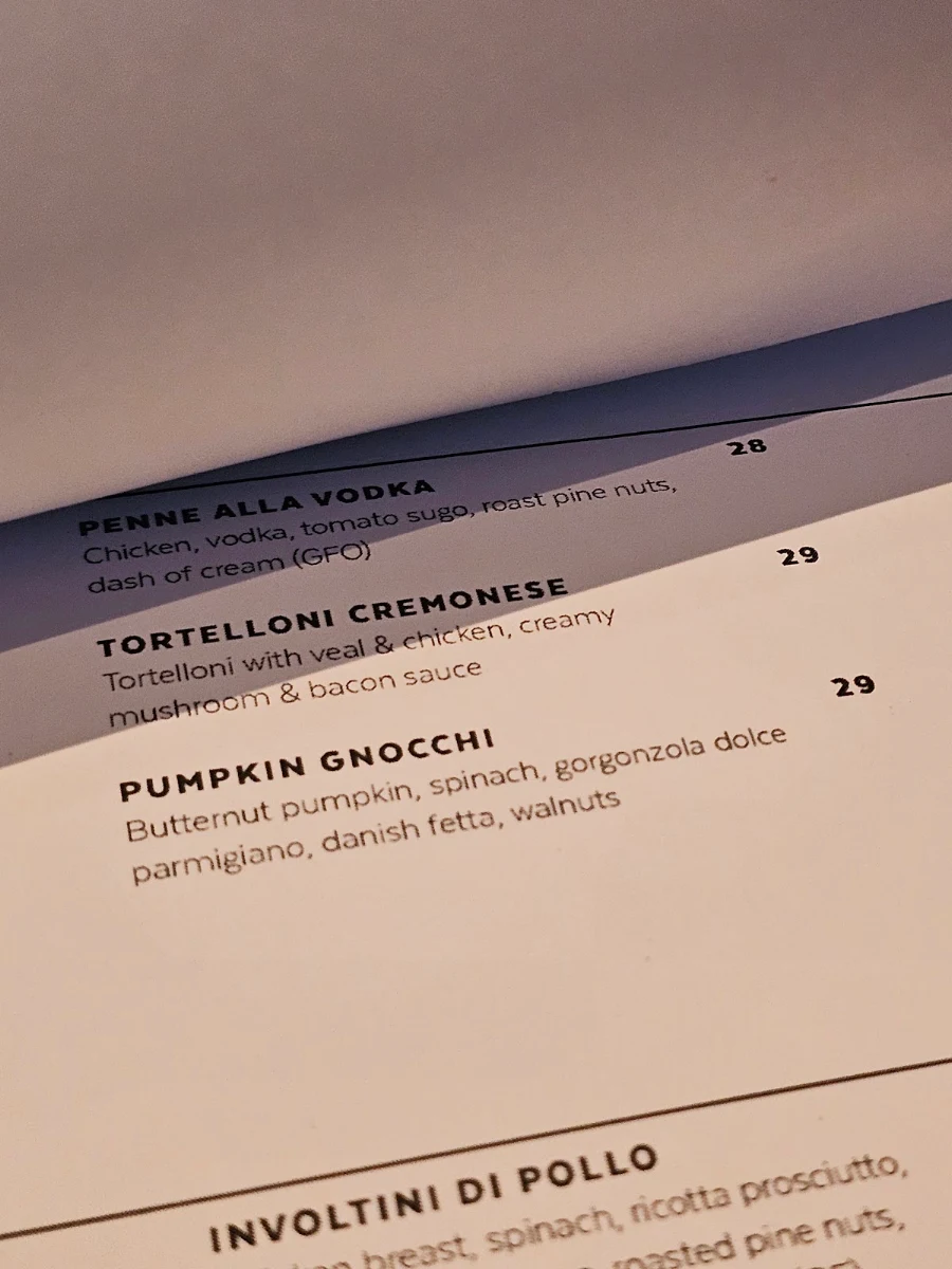 Menu, Benny's Bar & Cafe
