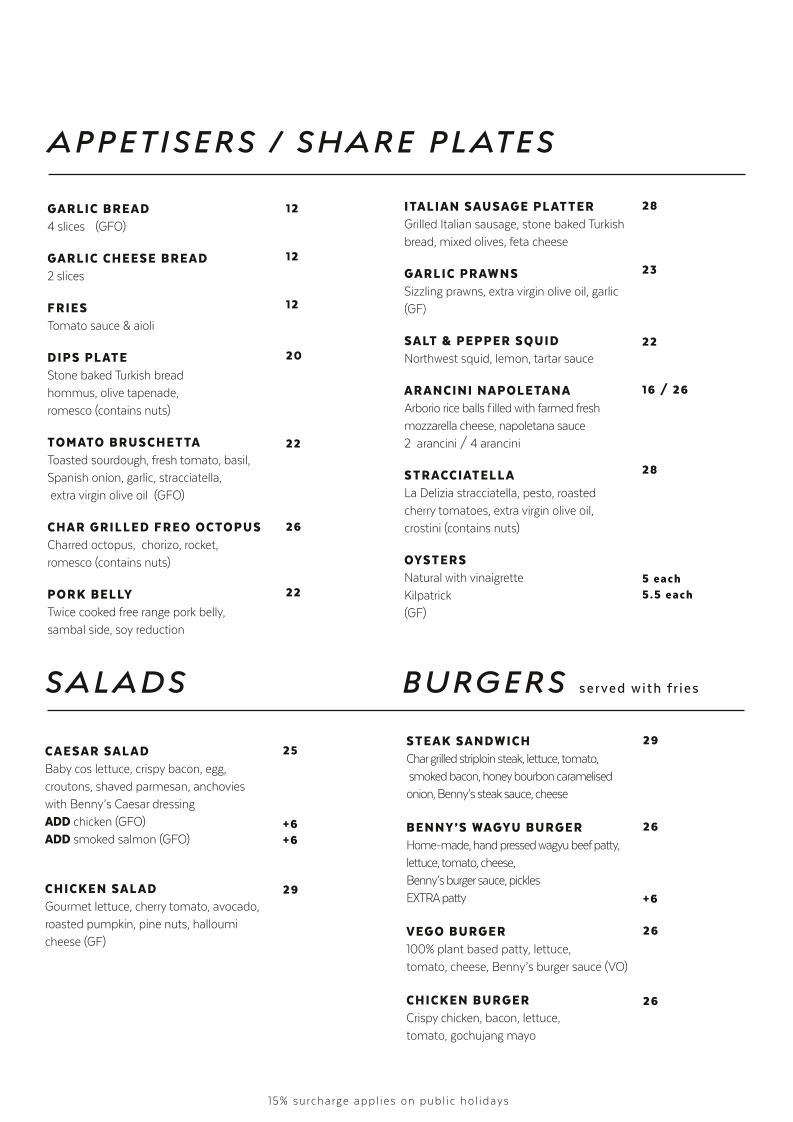 Menu, Benny's Bar & Cafe