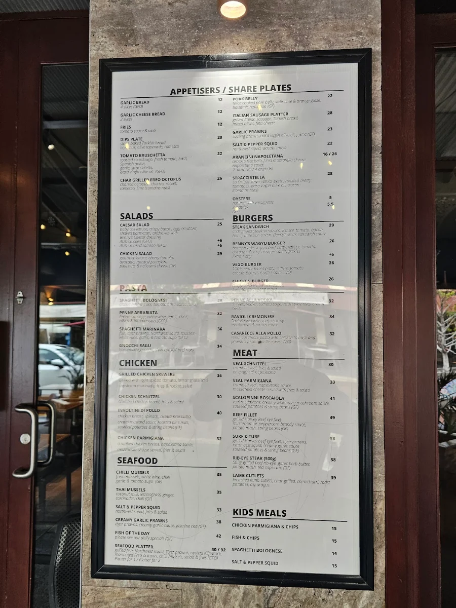 Menu, Benny's Bar & Cafe