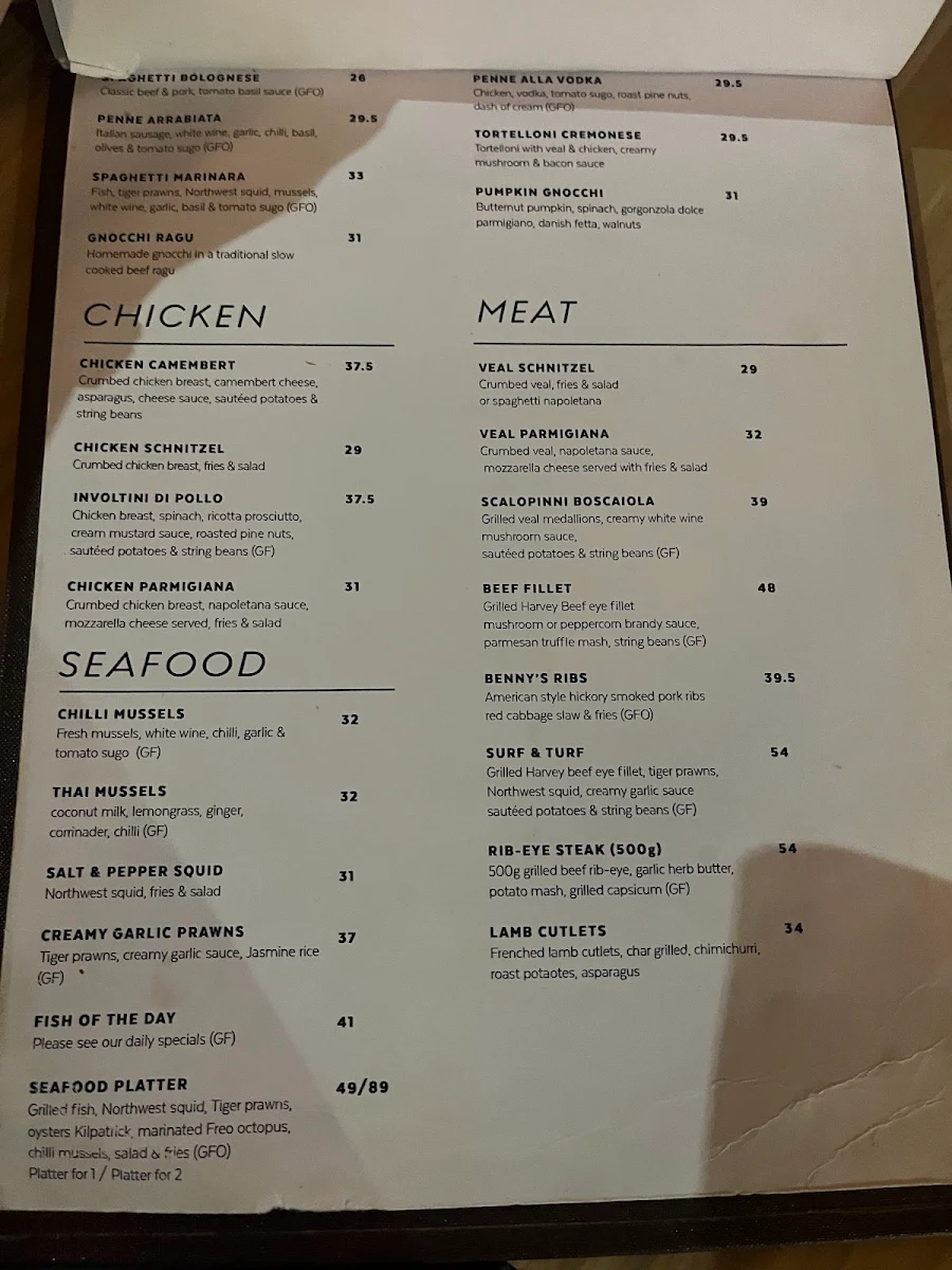Menu, Benny's Bar & Cafe