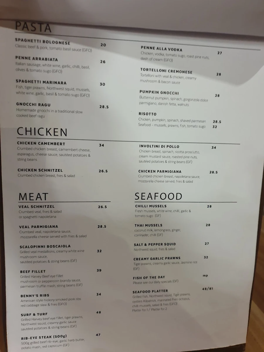 Menu, Benny's Bar & Cafe