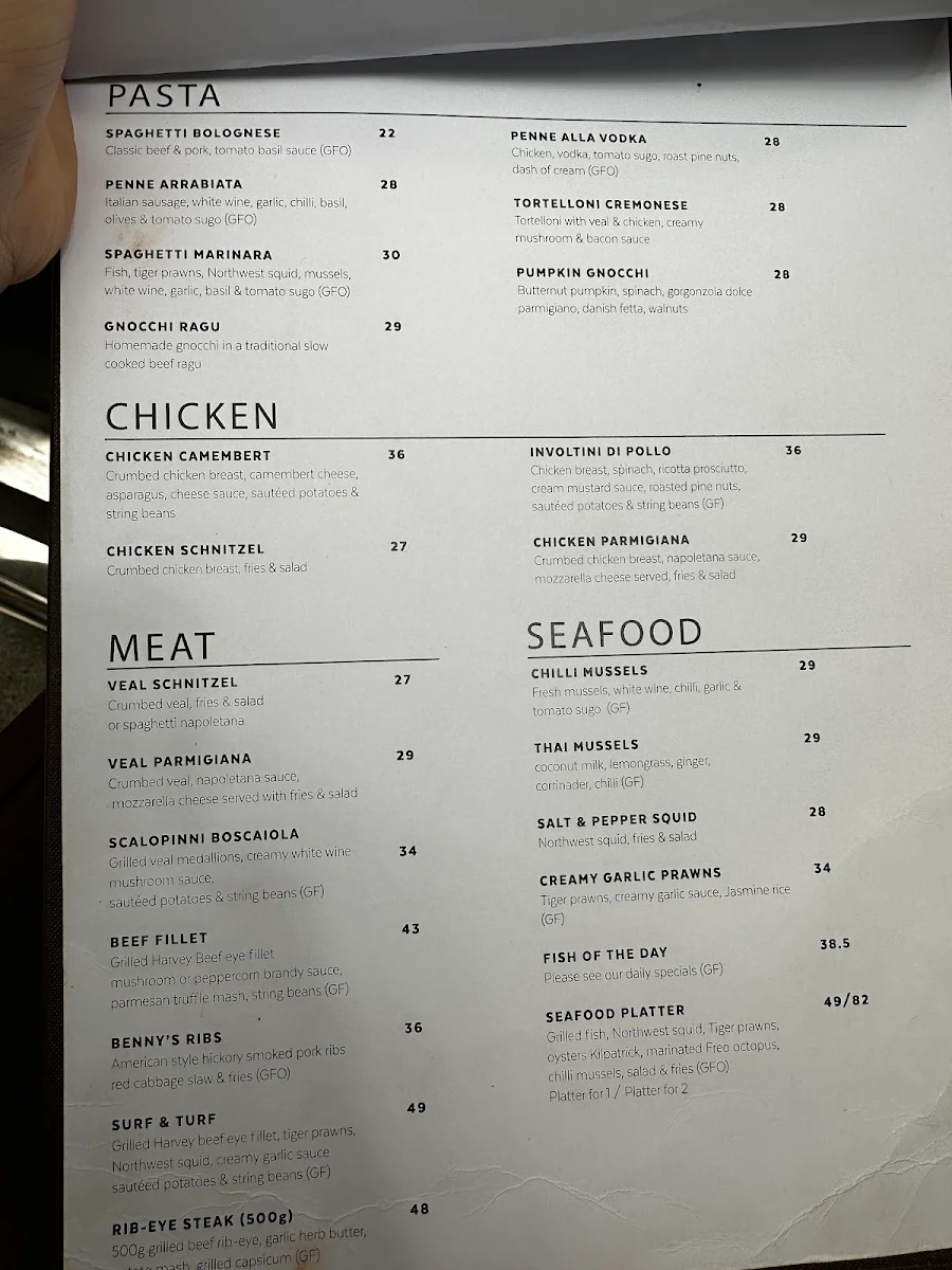 Menu, Benny's Bar & Cafe