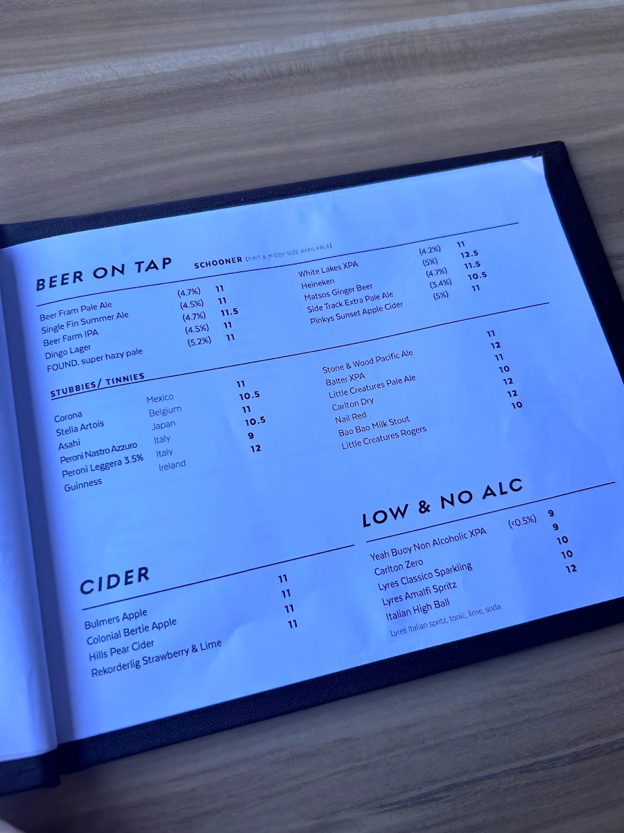 Menu, Benny's Bar & Cafe