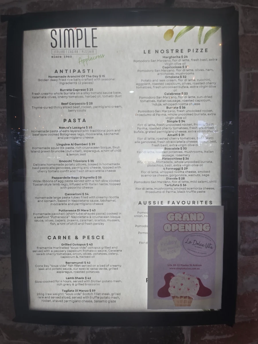 Menu, SIMPLE Italian Cucina Pizzeria Applecross