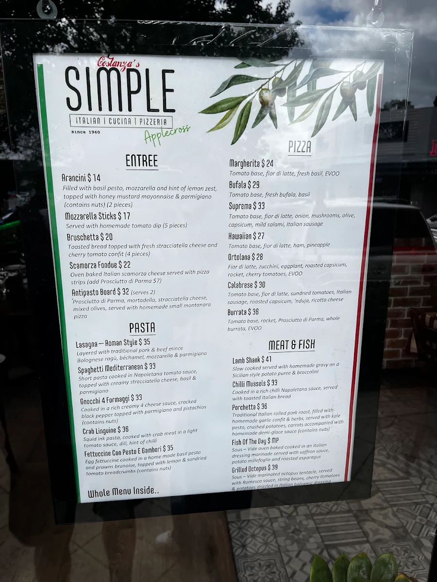 Menu, SIMPLE Italian Cucina Pizzeria Applecross