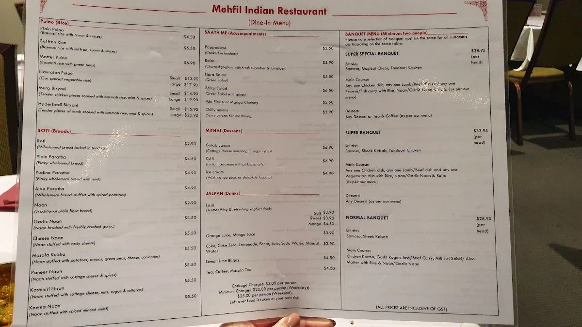 Menu, Mehfil Indian Restaurant