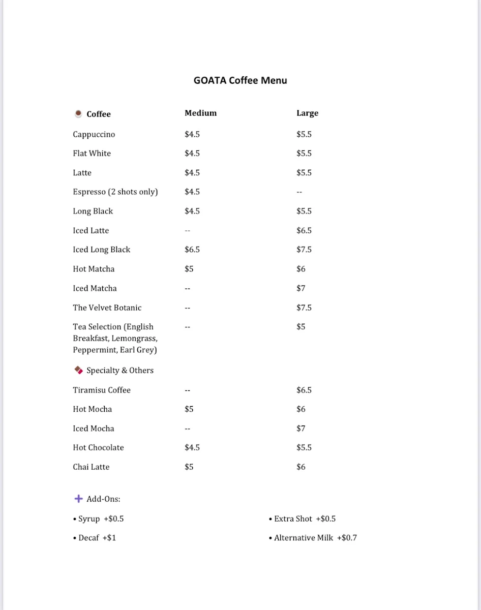 Menu, Goata Coffee