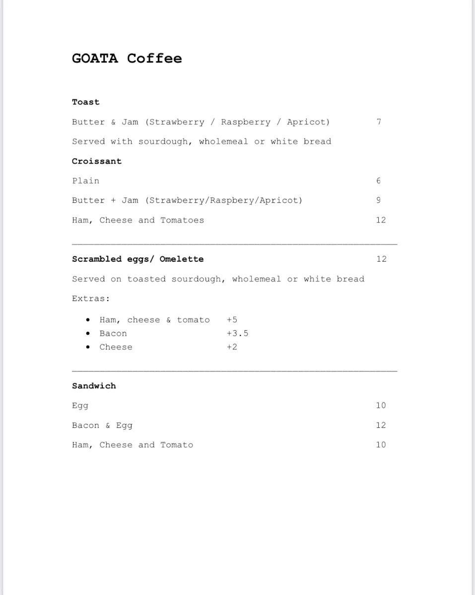 Menu, Goata Coffee