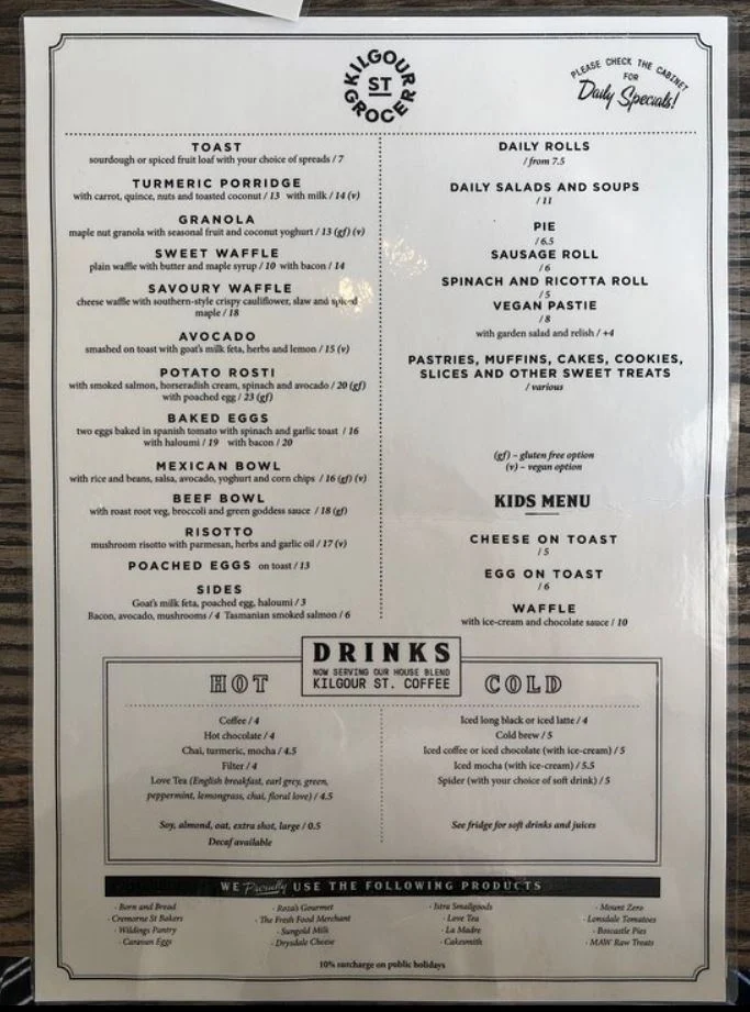 Menu, Kilgour St Grocer