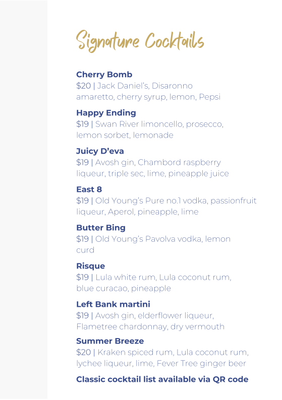 Menu, RISQ Small Bar