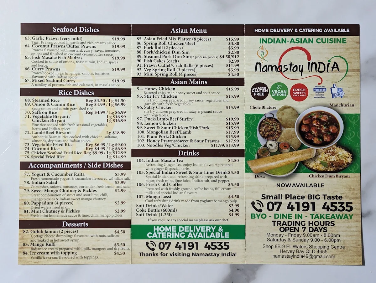 Menu, Namastay India