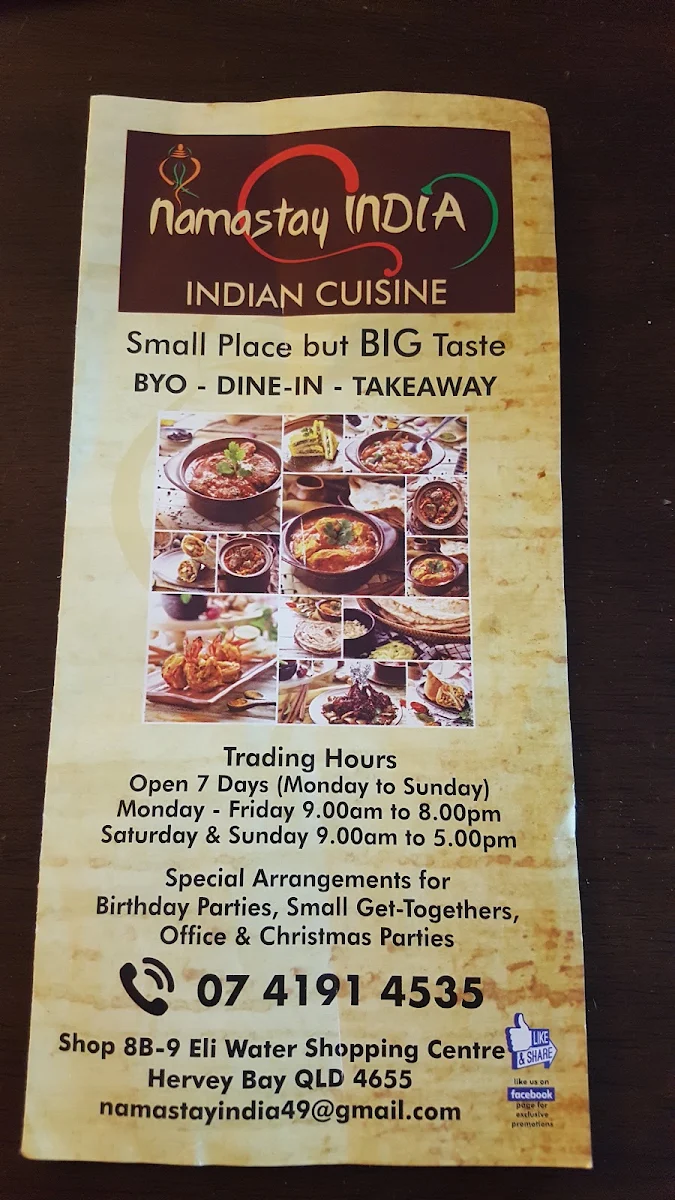 Menu, Namastay India
