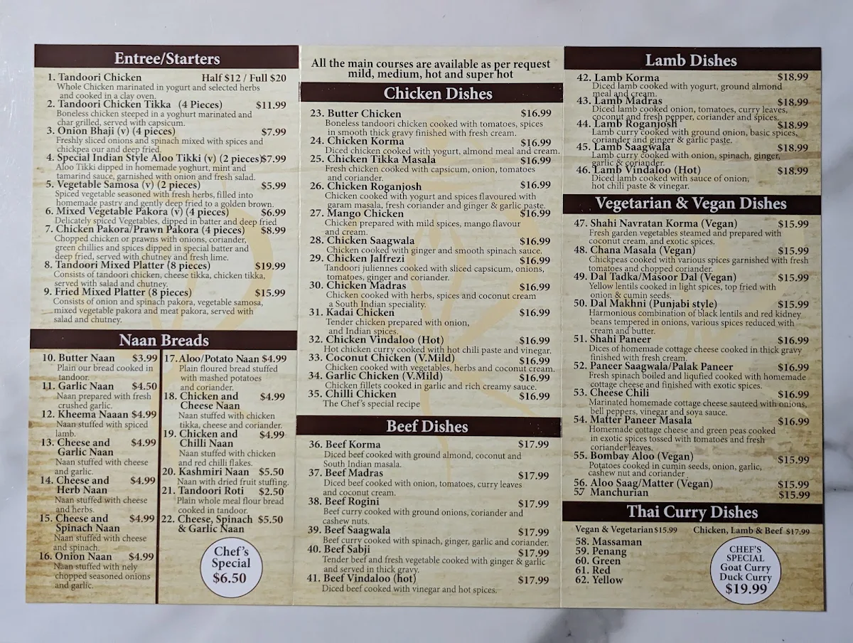 Menu, Namastay India