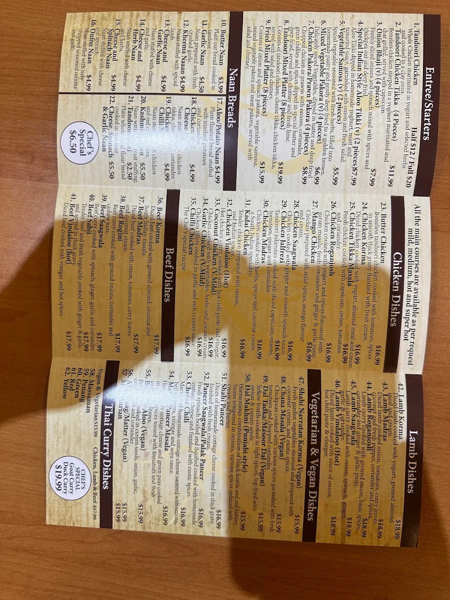Menu, Namastay India