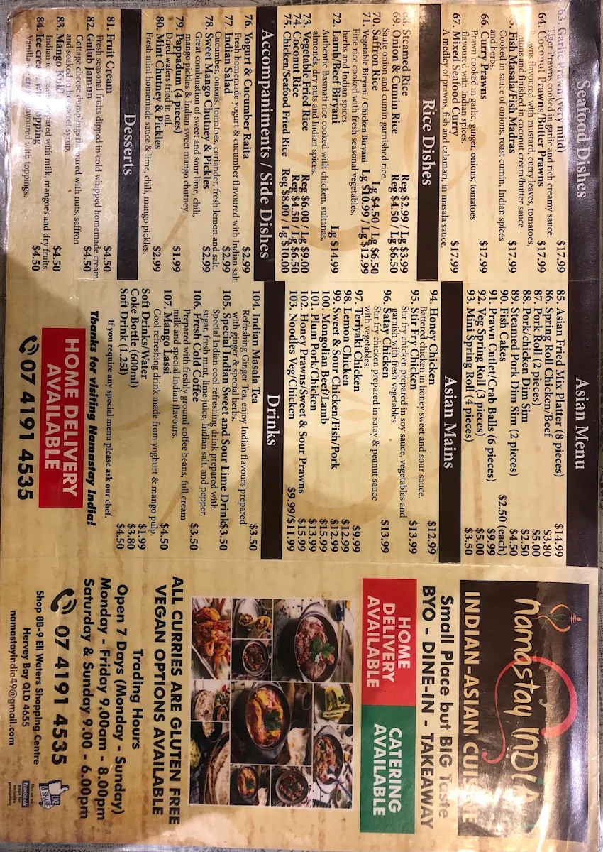 Menu, Namastay India