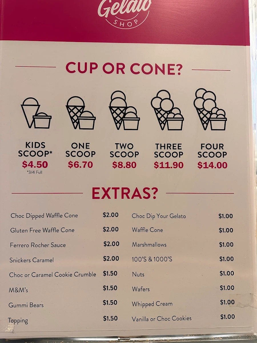 Menu, Gelatissimo Broadbeach