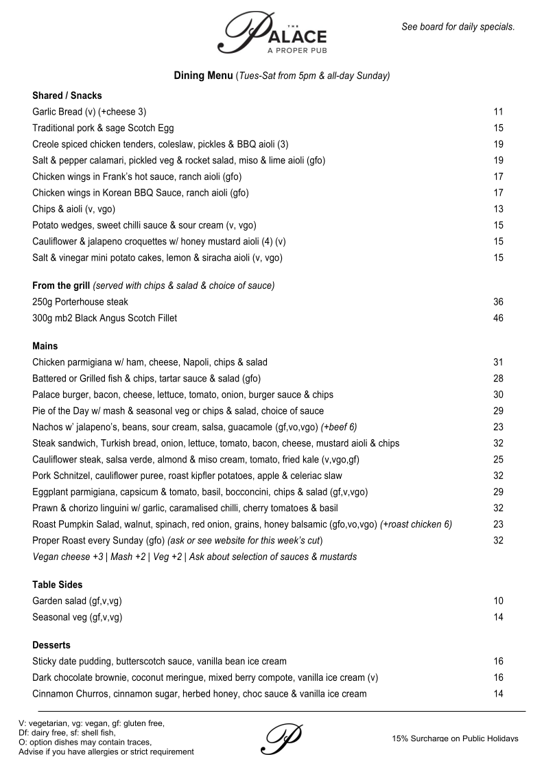 Menu, The Palace Hotel