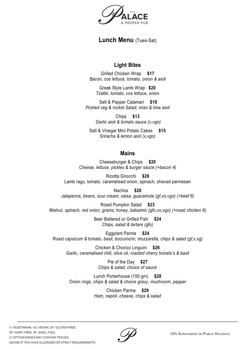Menu, The Palace Hotel