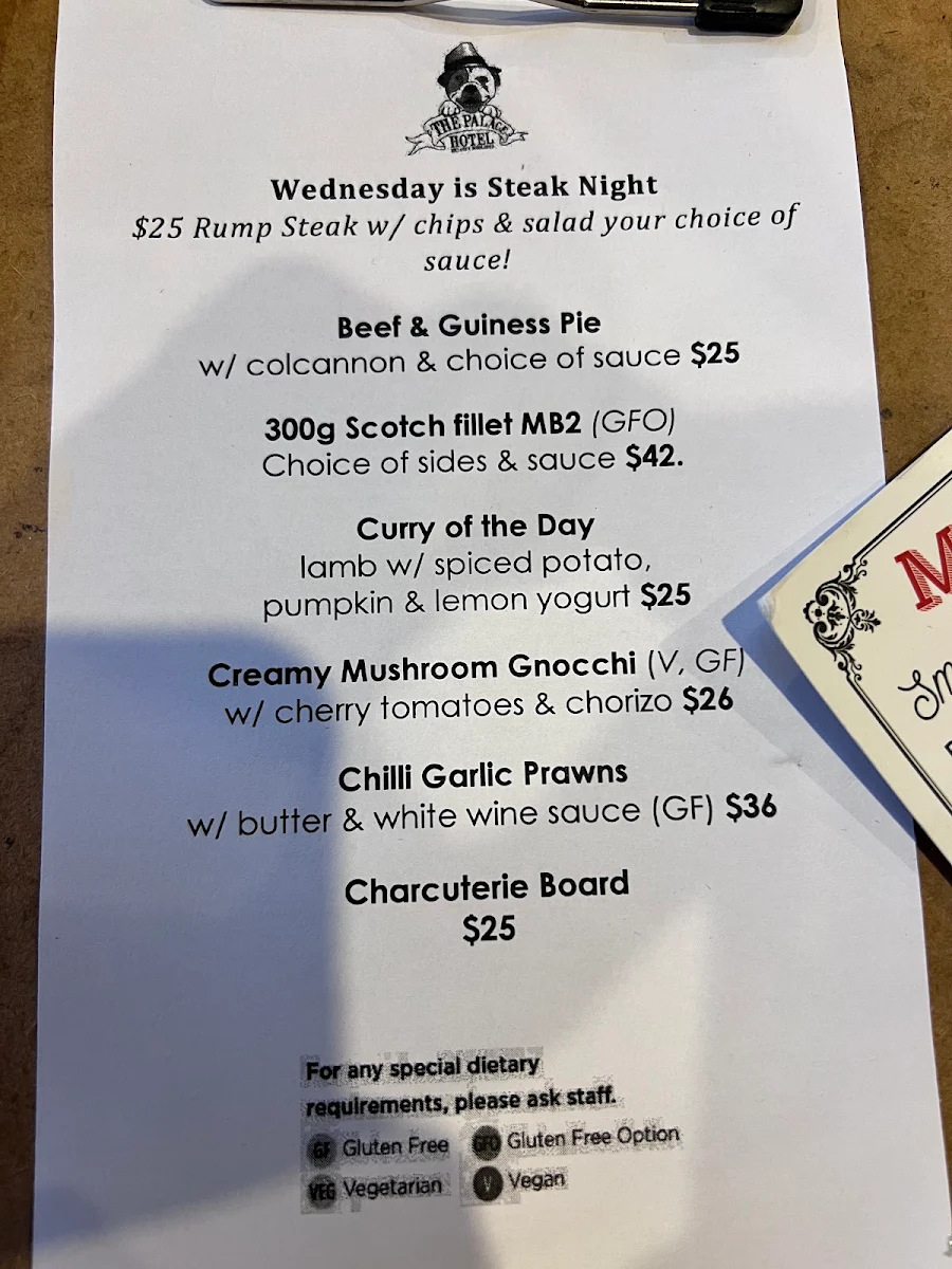 Menu, The Palace Hotel