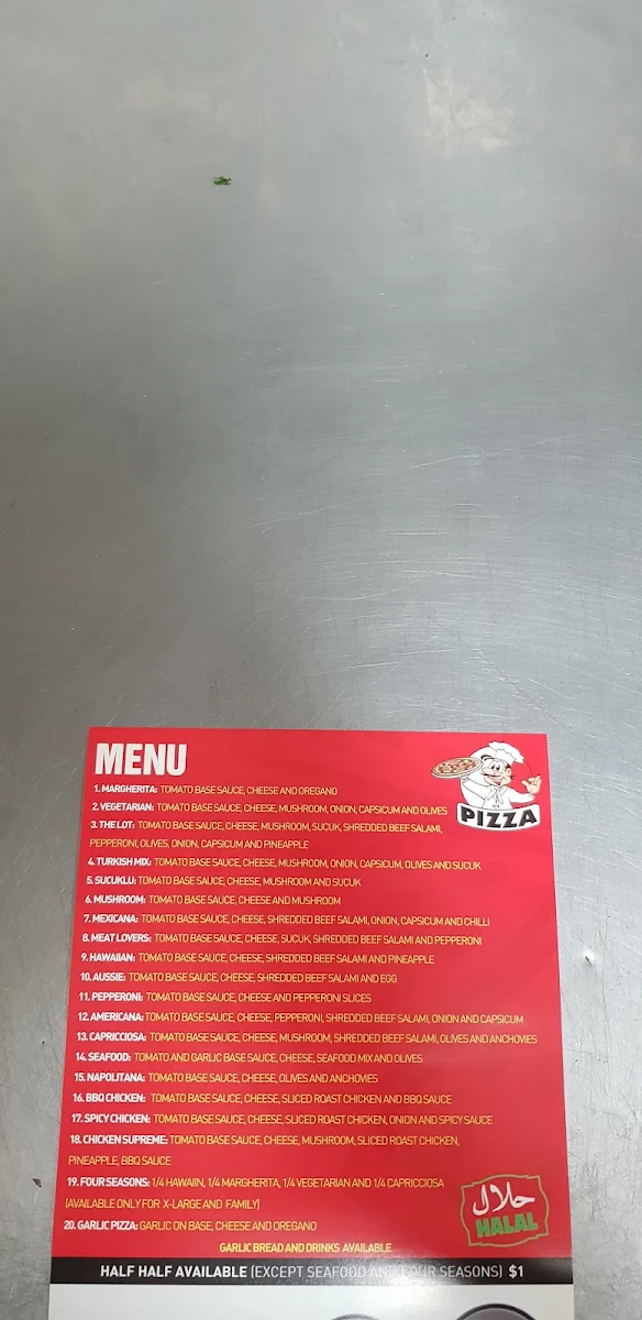 Menu, Dallas Pizza