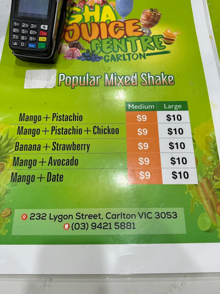 Menu, Agha Juice Carlton