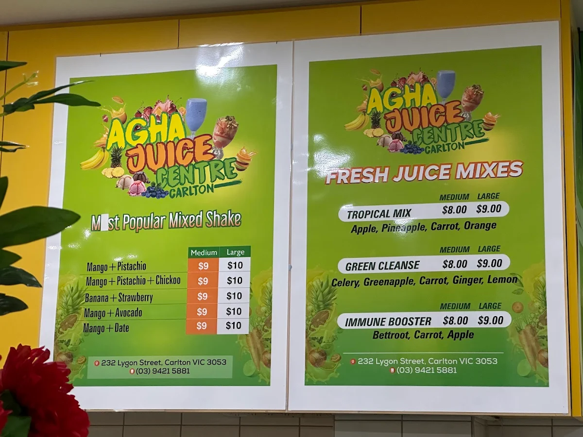Menu, Agha Juice Carlton