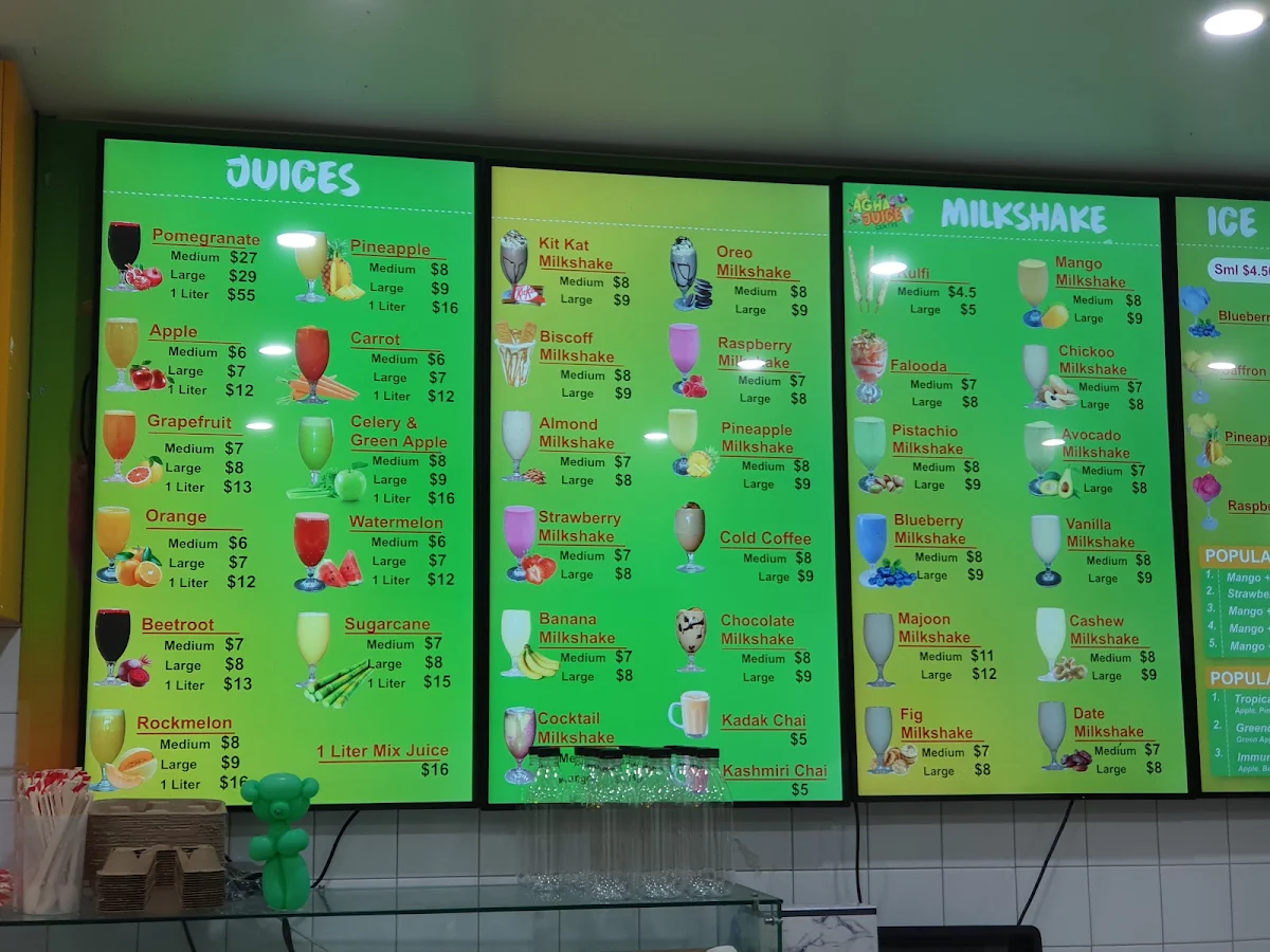 Menu, Agha Juice Carlton