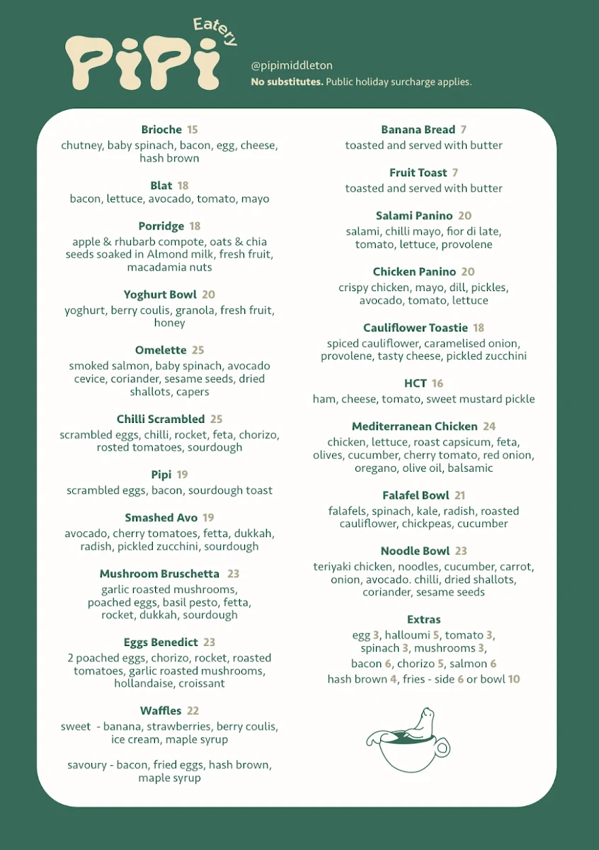 Menu, Pipi Middleton - Pipi Eatery & Pipi Stays