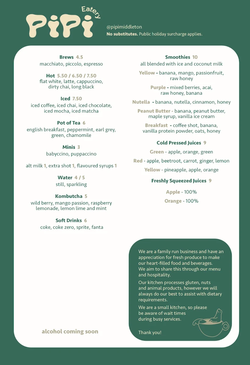 Menu, Pipi Middleton - Pipi Eatery & Pipi Stays