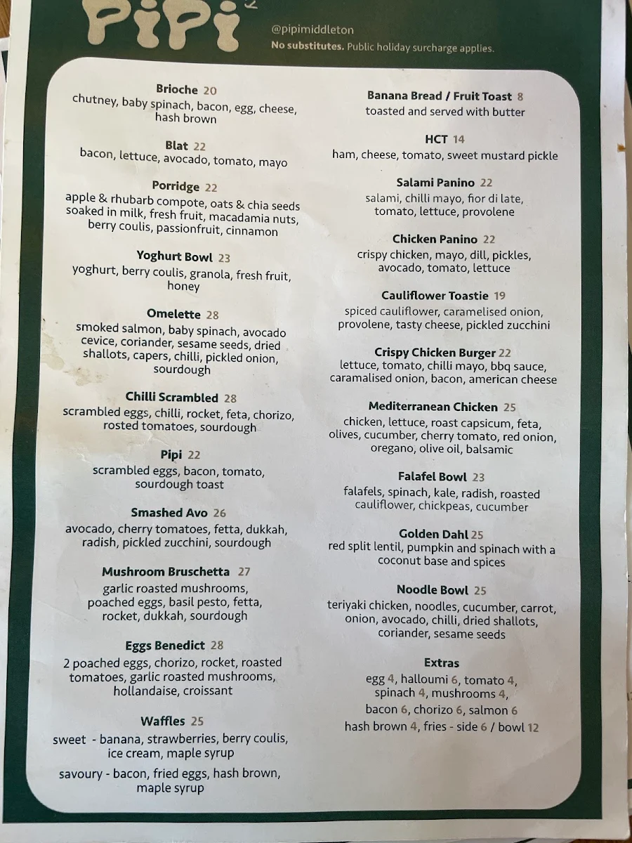 Menu, Pipi Middleton - Pipi Eatery & Pipi Stays