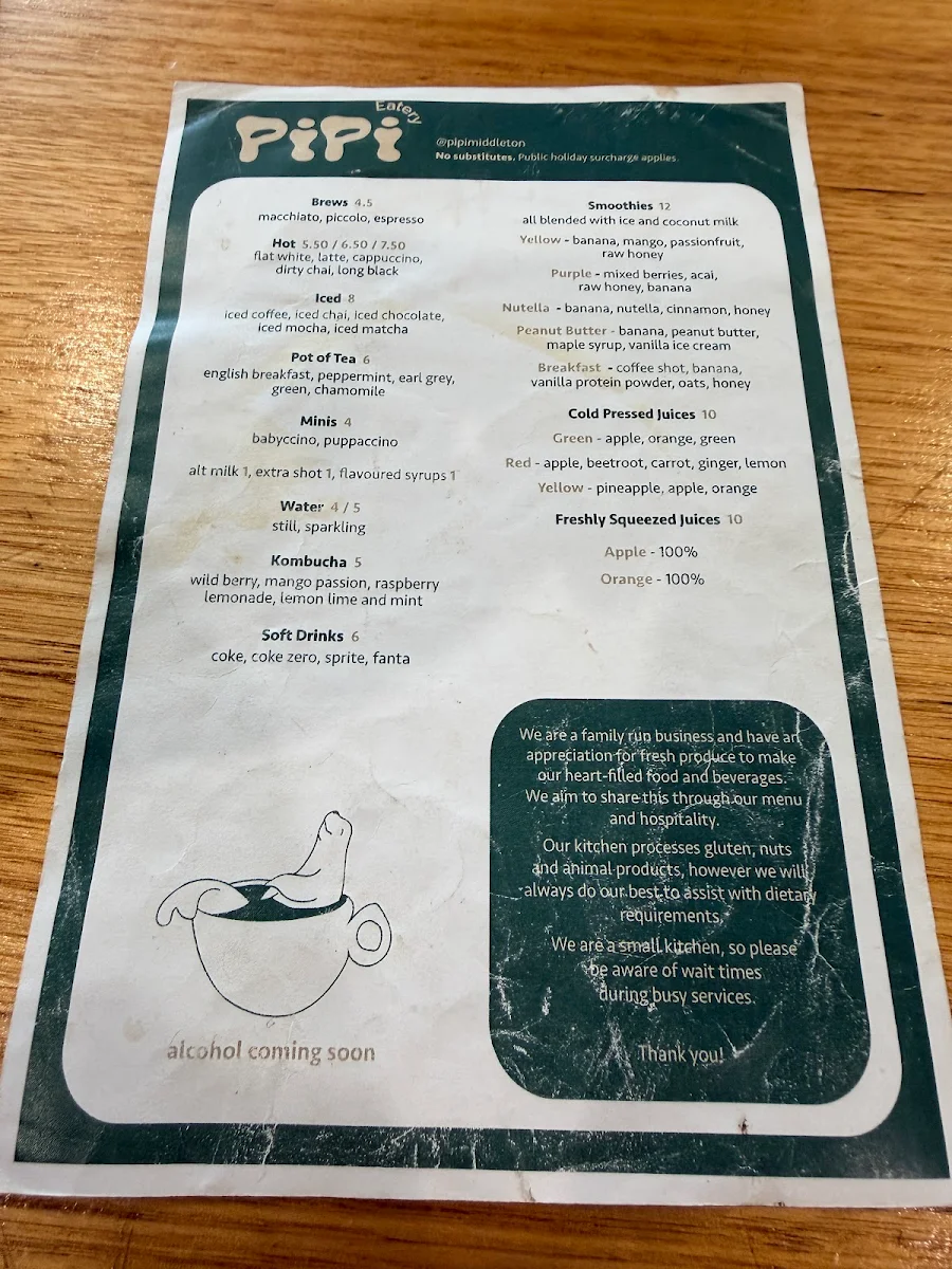 Menu, Pipi Middleton - Pipi Eatery & Pipi Stays