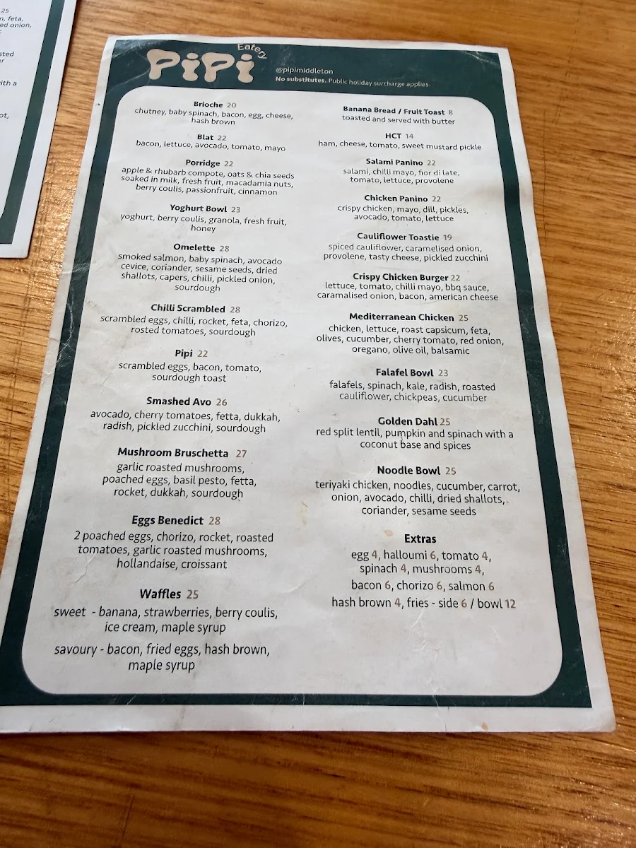 Menu, Pipi Middleton - Pipi Eatery & Pipi Stays