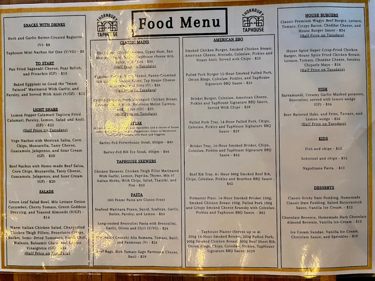Menu, Thornbury Taphouse